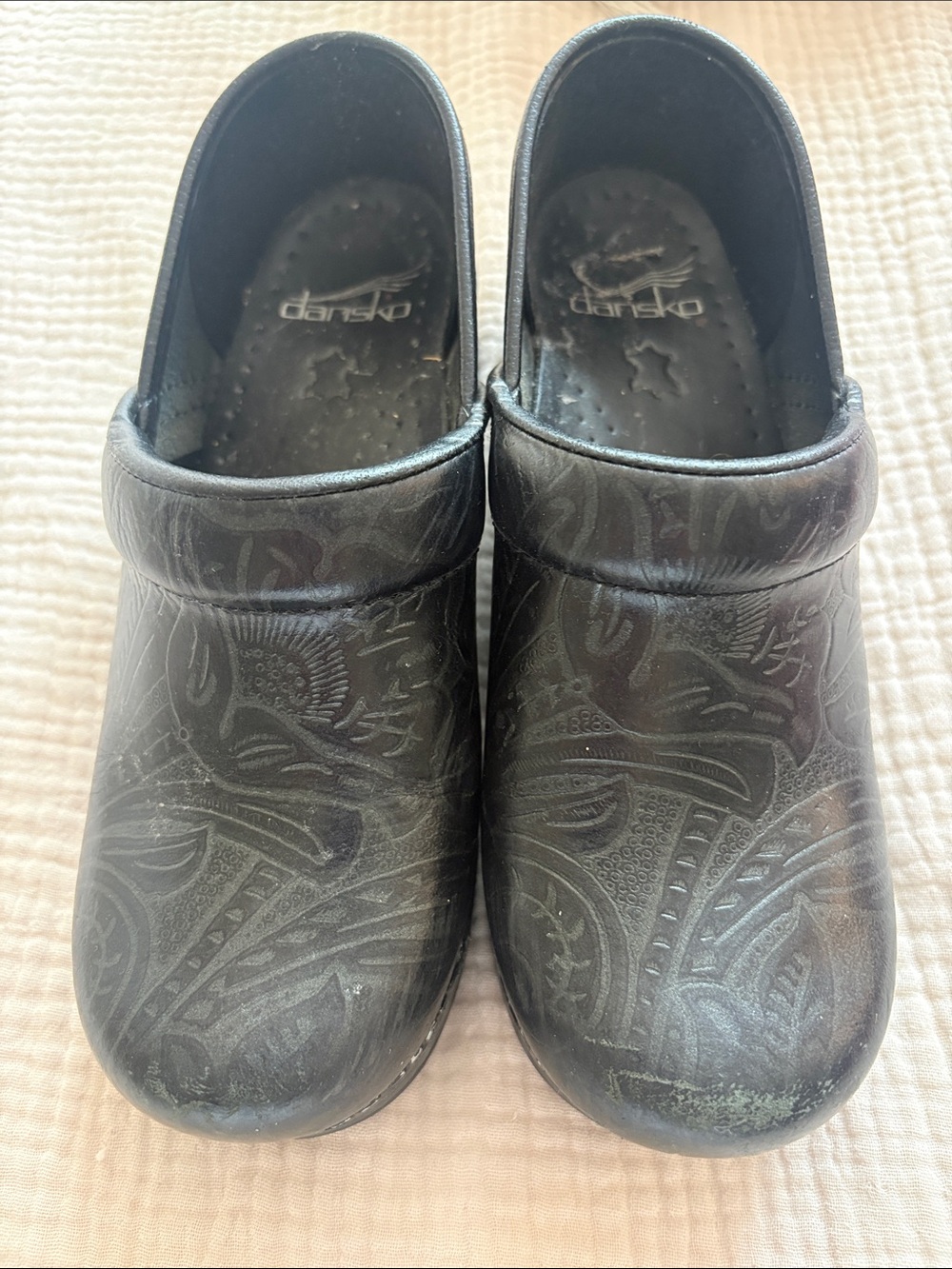 Dansko Black Embossed Leather Slip-On Clogs